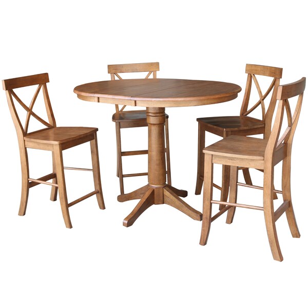 International Concepts Round 36 in Round Extension Dining Table with 4 X-Back Stools, Distressed Oak, 36 in W, 48 in L K42-36RXT-27B-S6132-4 - main